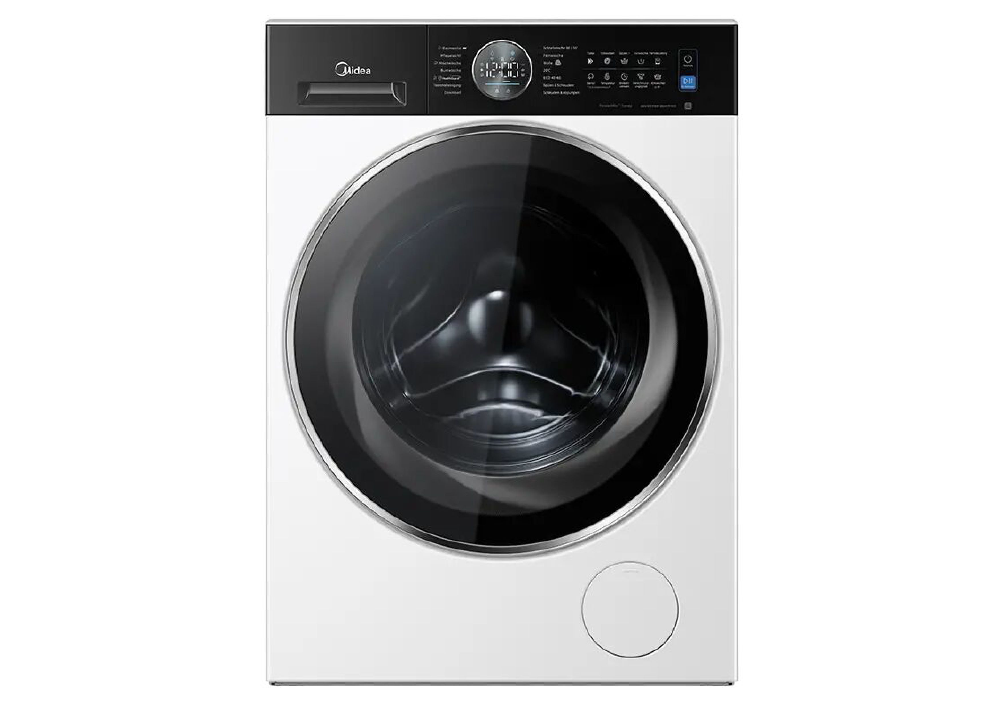 Frontansicht der weißen Midea Waschmaschine mit schwarzem Bullauge und digitalem Display.