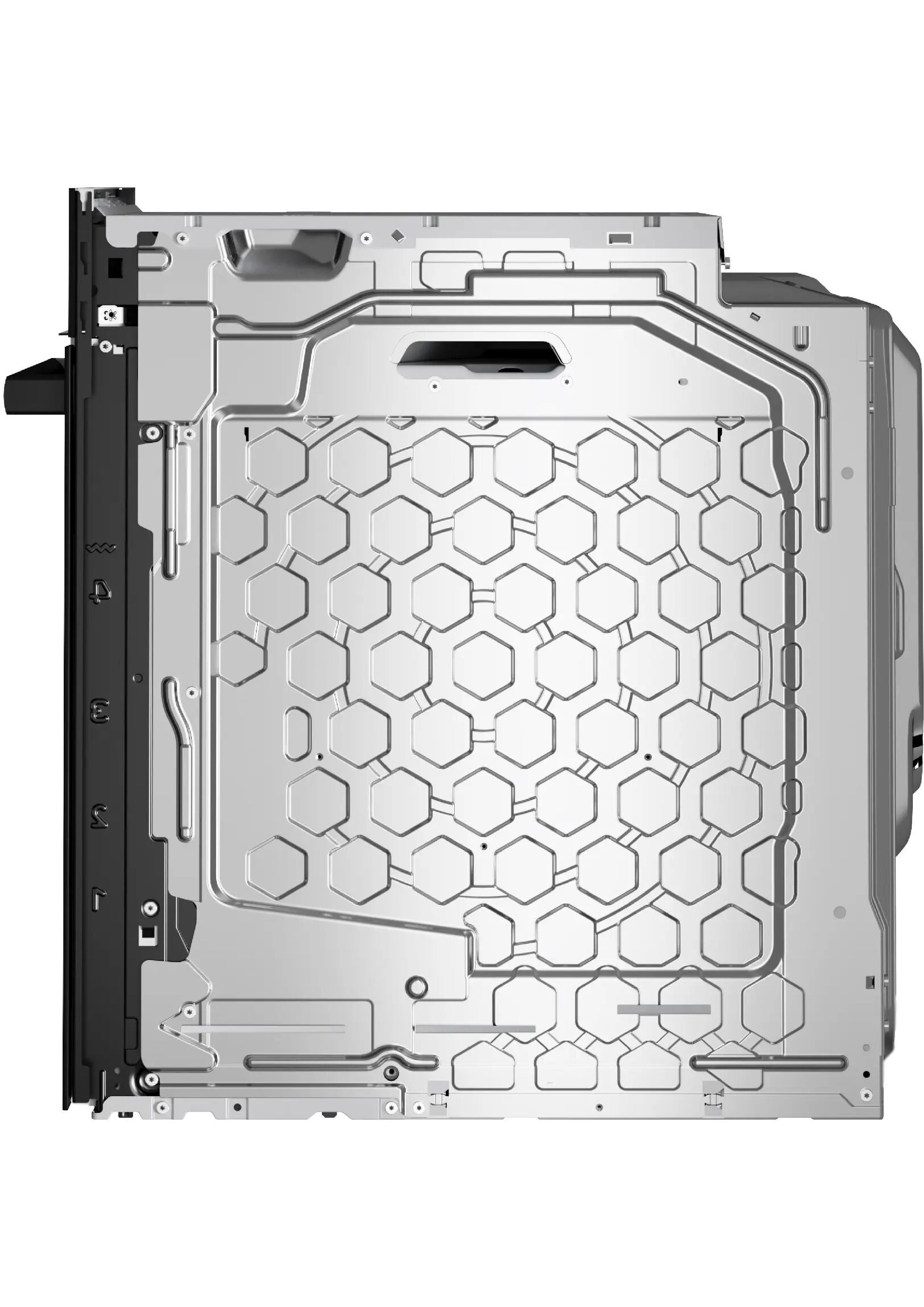 Side view of the oven housing with technical structure and embossing.