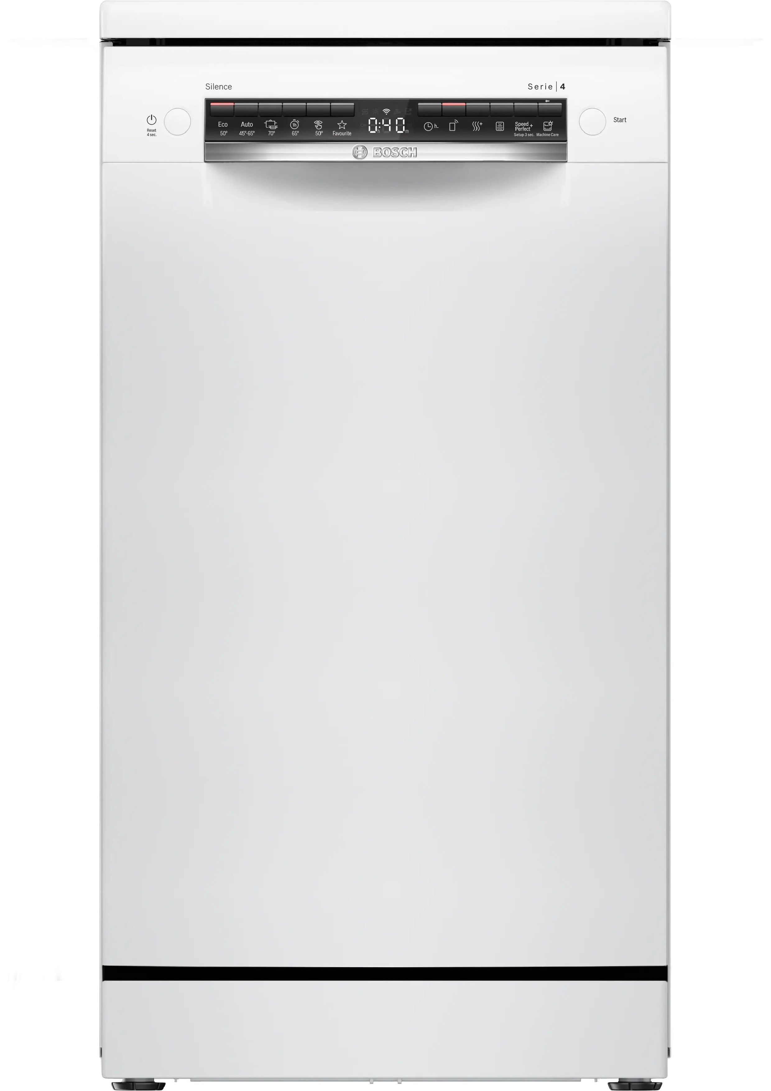 Weißer freistehender Bosch Serie 4 Geschirrspüler in der Frontalansicht