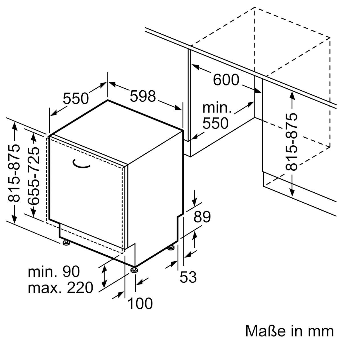 Maßzeichnung Neff S155EVX04E Einbaugeschirrspüler: Gerätehöhe 815 mm, Breite 598 mm, Tiefe 550 mm, Nischenhöhe 815–875 mm, Nischenbreite 600–608 mm