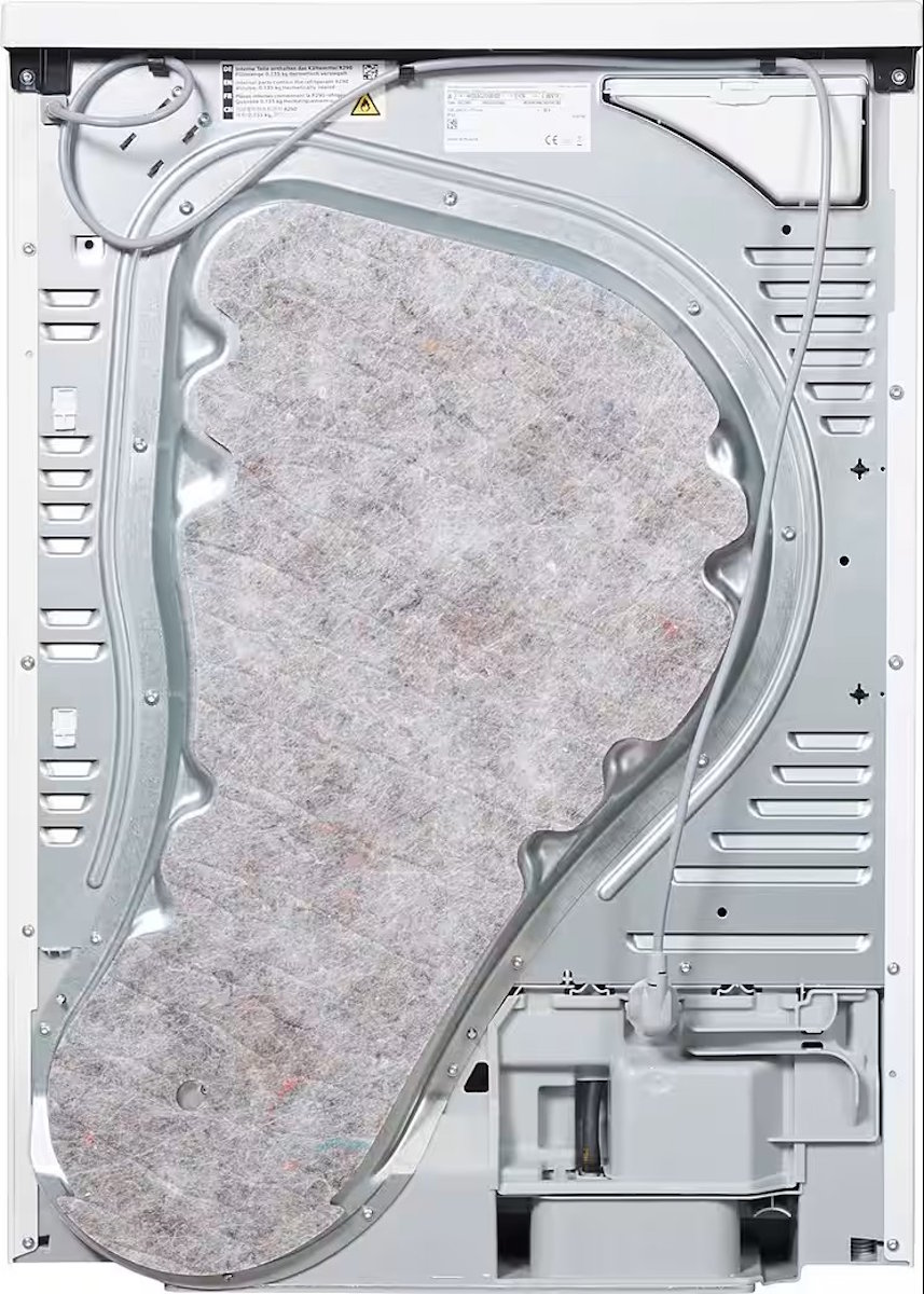 Rückseite des Siemens iQ500 Wärmepumpentrockners mit Anschlussleitungen und Lüftungsgitter