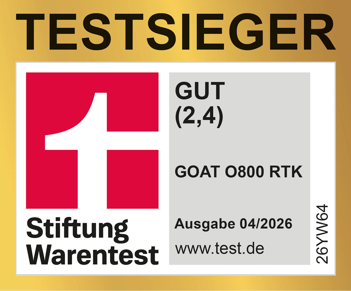Stiftung Warentest Testurteil „gut" für den Ecovacs GOAT O800 RTK Rasenmähroboter, Ausgabe April 2026