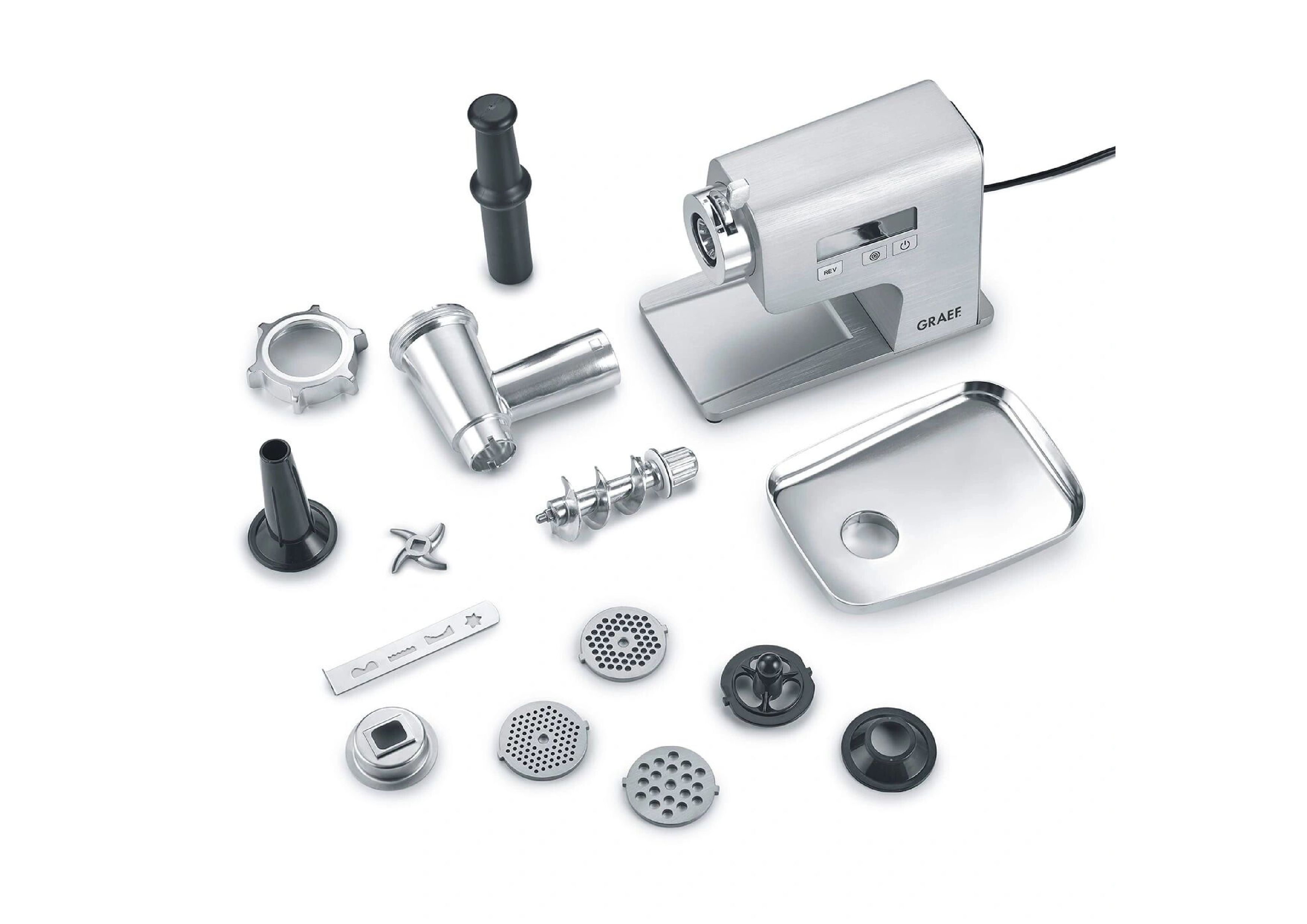 Komplettes Zubehör-Set: Lochscheiben, Wurstfüller, Kebbe-Vorsatz und Spritzgebäck-Aufsatz
