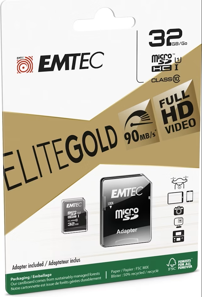 EMTEC Elite Gold MicroSD 32 GB | Class 10 UHS-I U1 | Inkl. SD-Adapter