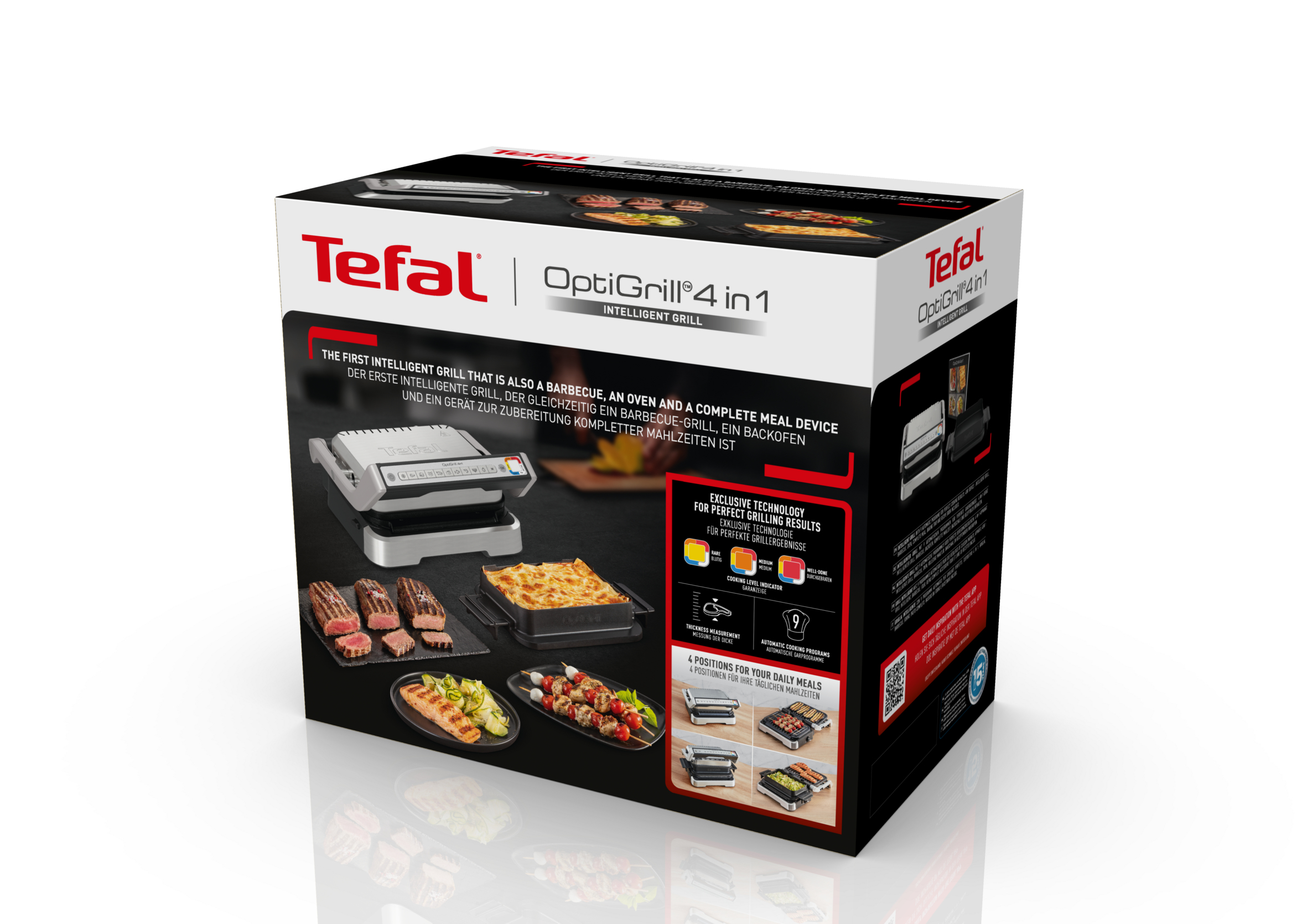 Retail packaging of the Tefal OptiGrill 4-in-1 featuring images of various dishes and functions