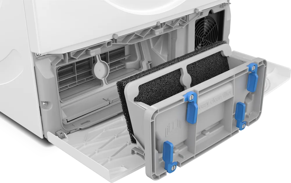 Herausgenommener EasyClean Filter Der EasyClean Filter wird zur Reinigung aus dem Trocknersockel entnommen und zeigt den schwarzen Schaumstoff-Filtereinsatz.