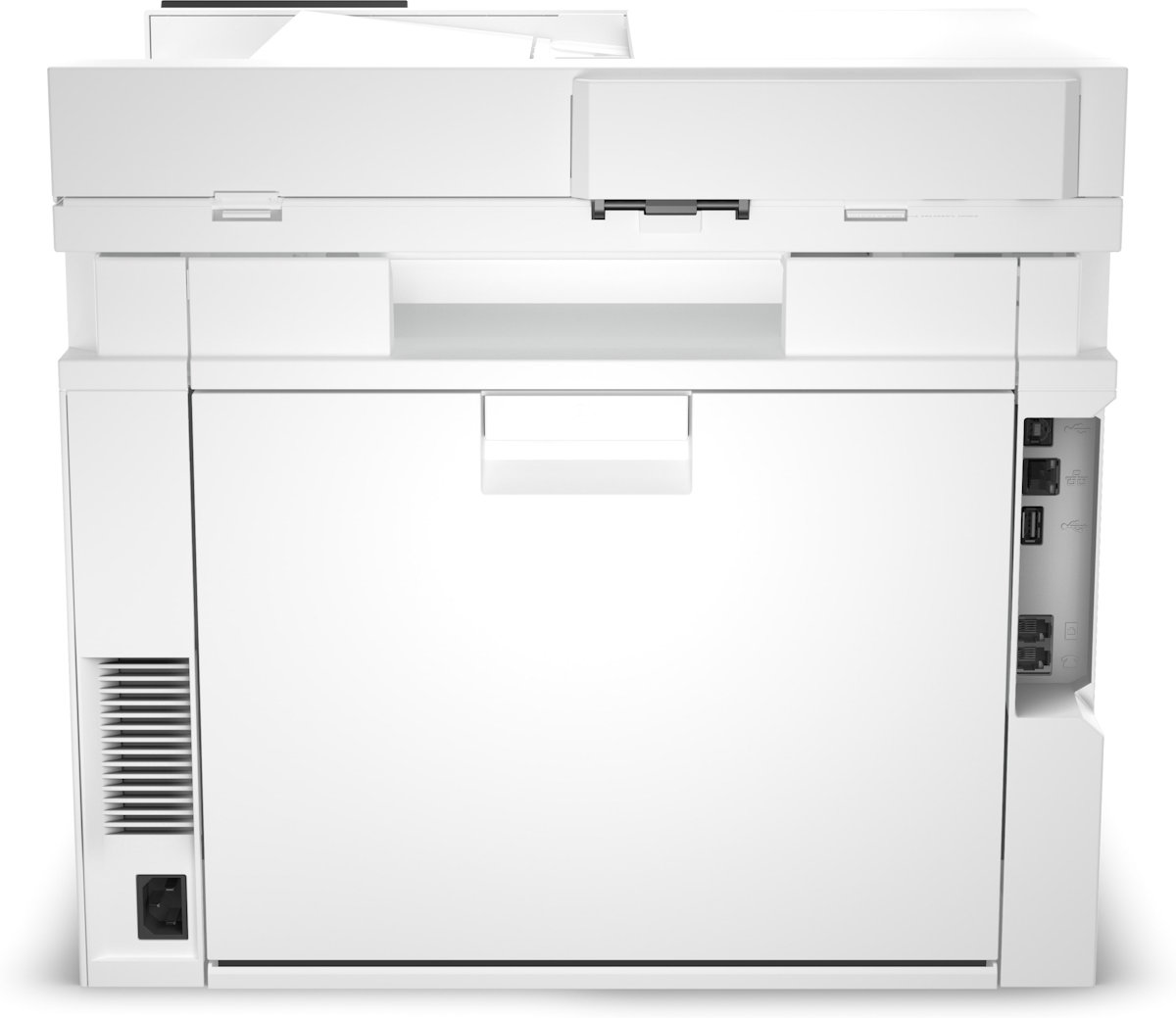 Rückseitige Anschlüsse des HP Color LaserJet Pro MFP 4302: 2x USB 2.0, 1x USB 3.2 Gen1, Gigabit-LAN (RJ-45) und RJ-11-Faxanschluss für Büronetzwerke