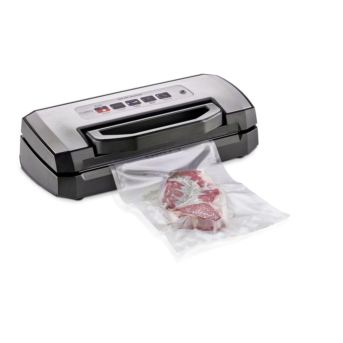 Profi-Vakuumierer für Sous-Vide Kochen und Frischhalten. CASO VRH 490 Advanced Vakuumierer Edelstahl Frontansicht mit verschweißtem Beutel.