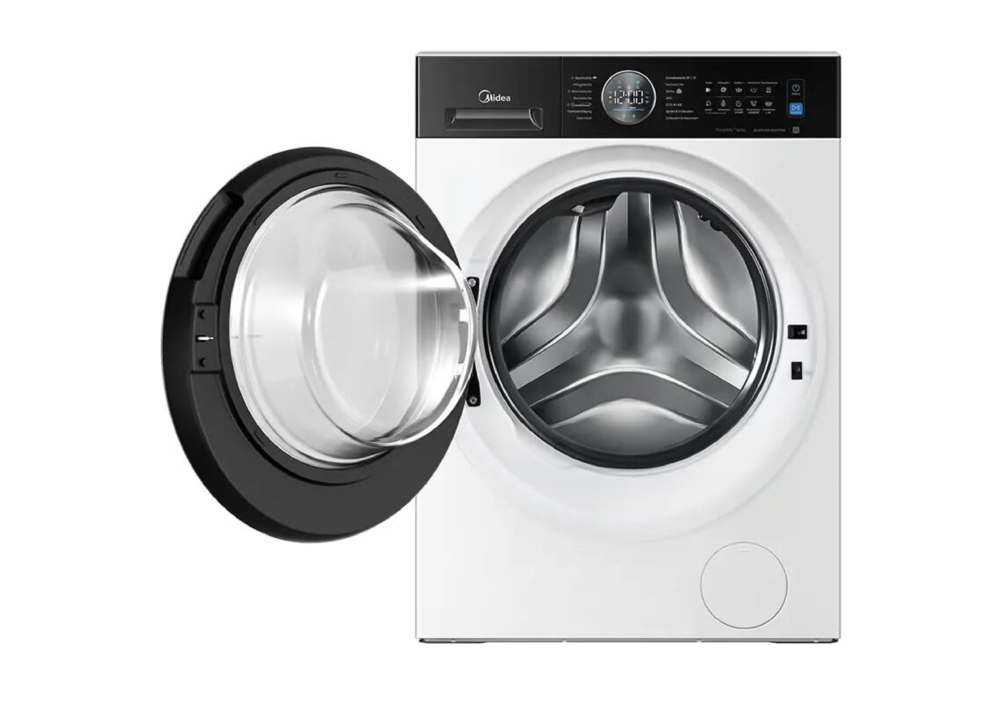 Frontalansicht der Midea Waschmaschine mit weit geöffneter schwarzer Tür, die den Blick auf die Edelstahl-Wäschetrommel freigibt.
