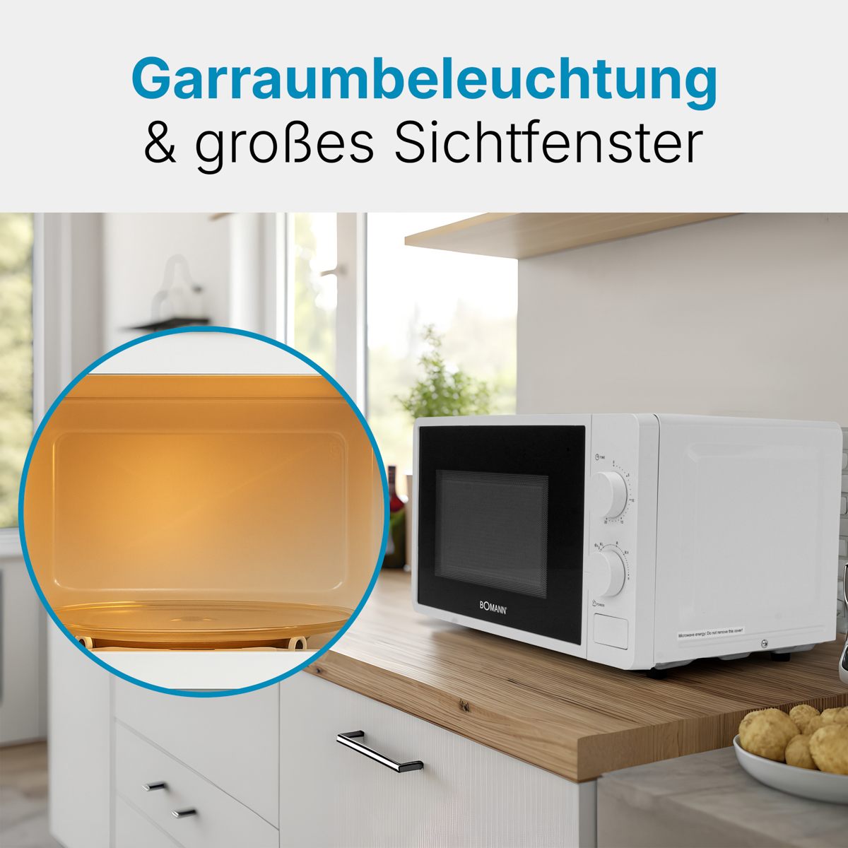 Bomann MW 6014 CB Mikrowelle 20 Liter | 700 Watt Leistung | Mit Glas-Drehteller Ø 24.5cm | 6 Leistungsstufen | Weiß & Silber