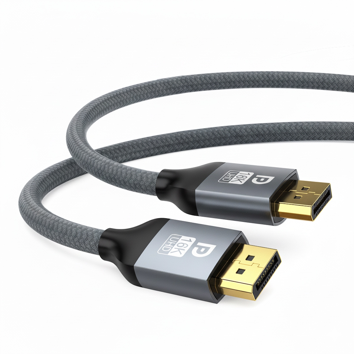 DisplayPort 2.1 cable with gold-plated connectors and braided jacket for 16K and 4K high refresh rate setups
