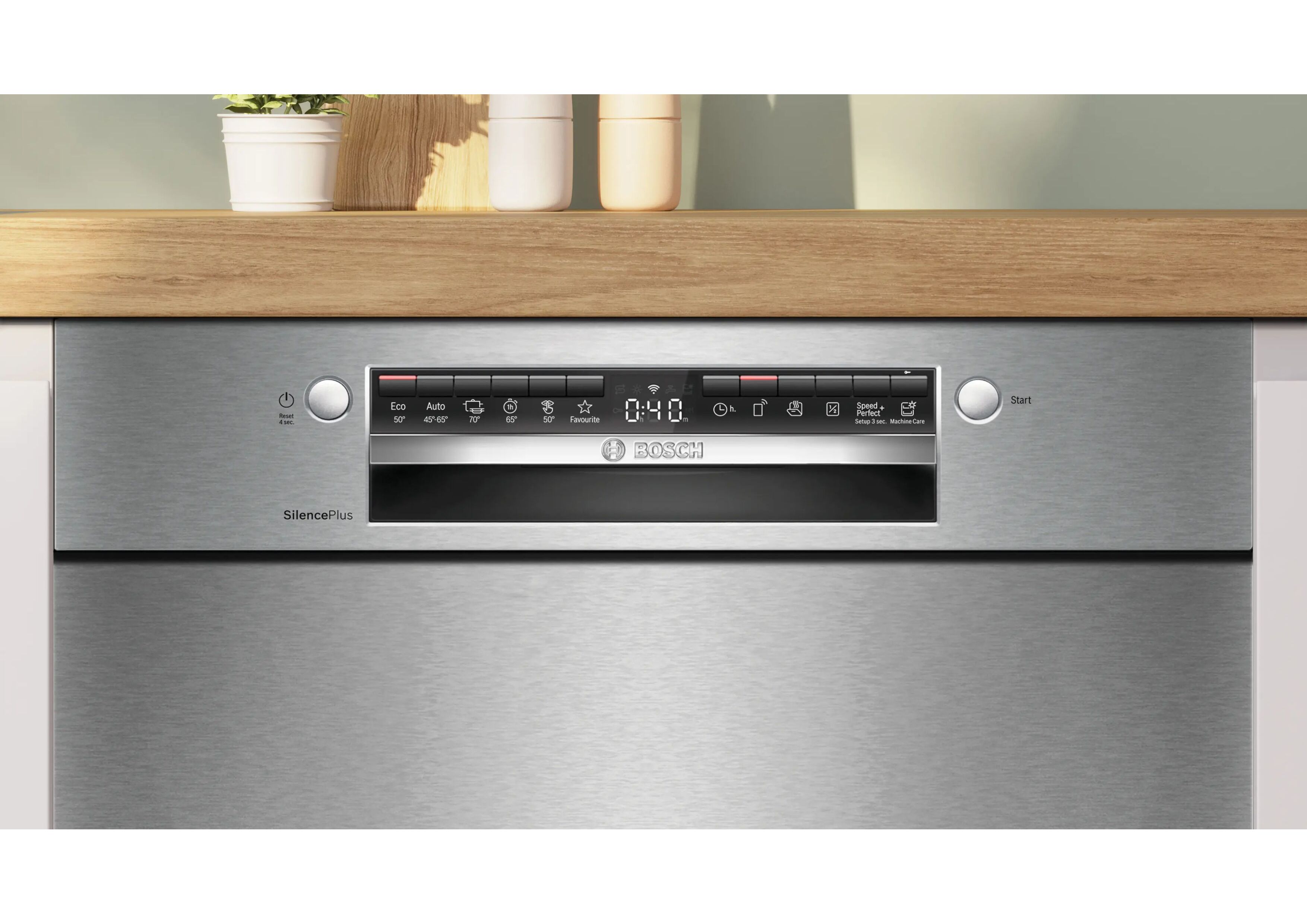 Detailed view of the control buttons and display on the Bosch SMU4EVS08E SilencePlus