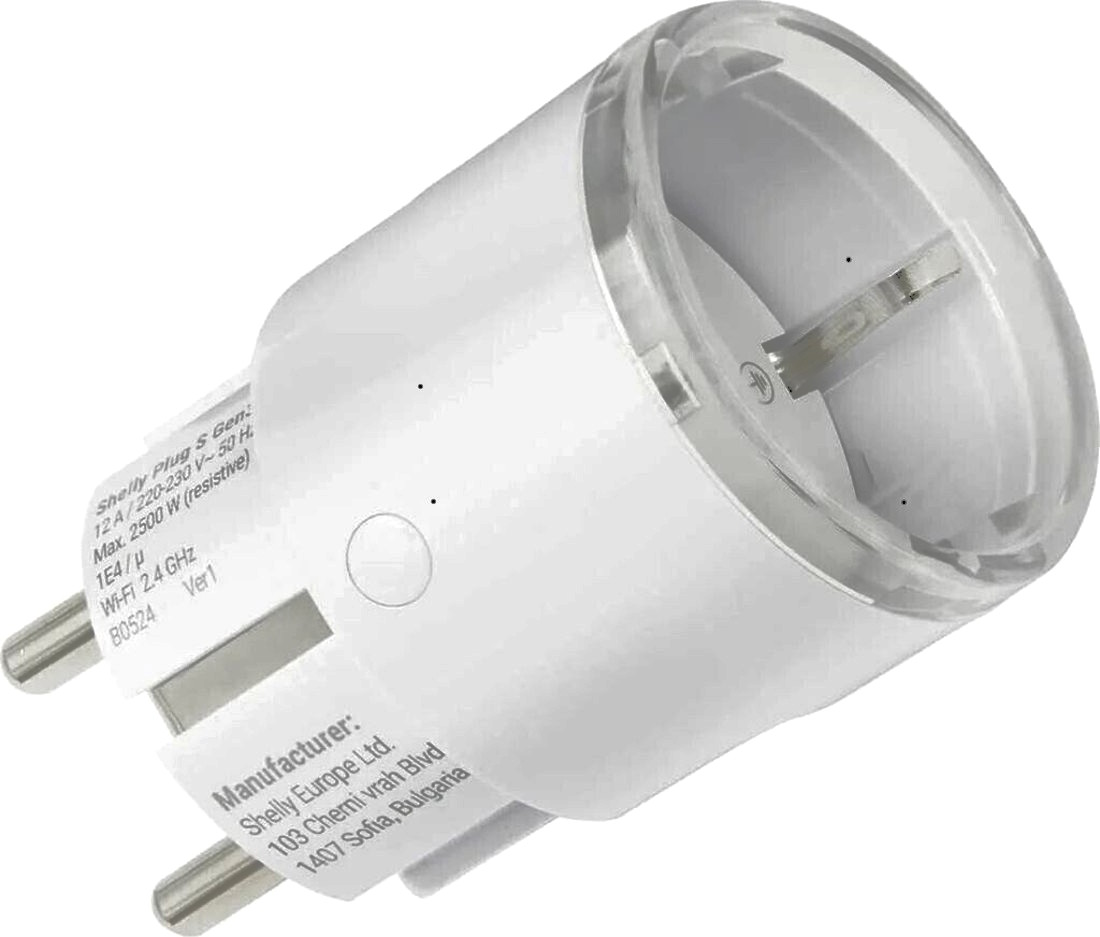 Shelly Plug S Gen3 smarter WLAN-Zwischenstecker in Weiß, Frontalansicht.