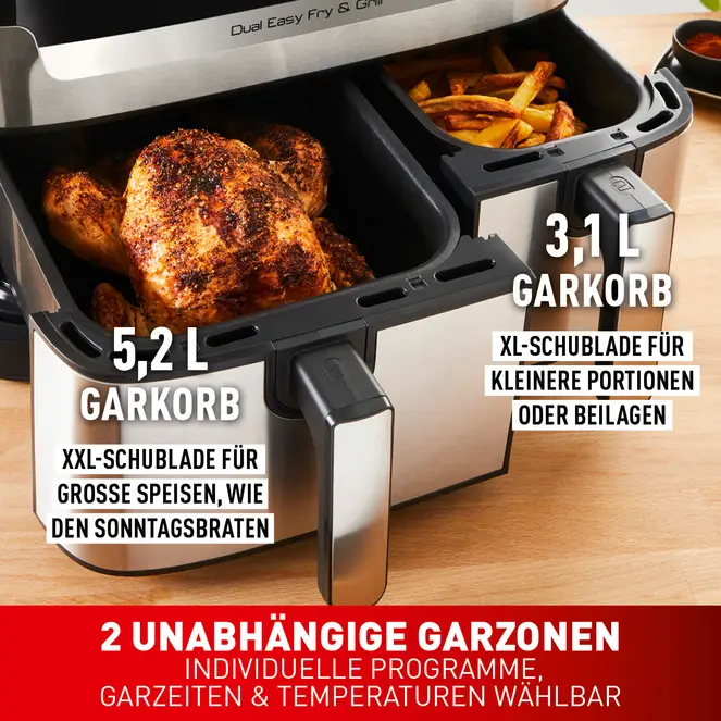 TEFAL EY905D Dual Easy Fry & Grill Heißluftfritteuse, 8.3 L, Edelstahl