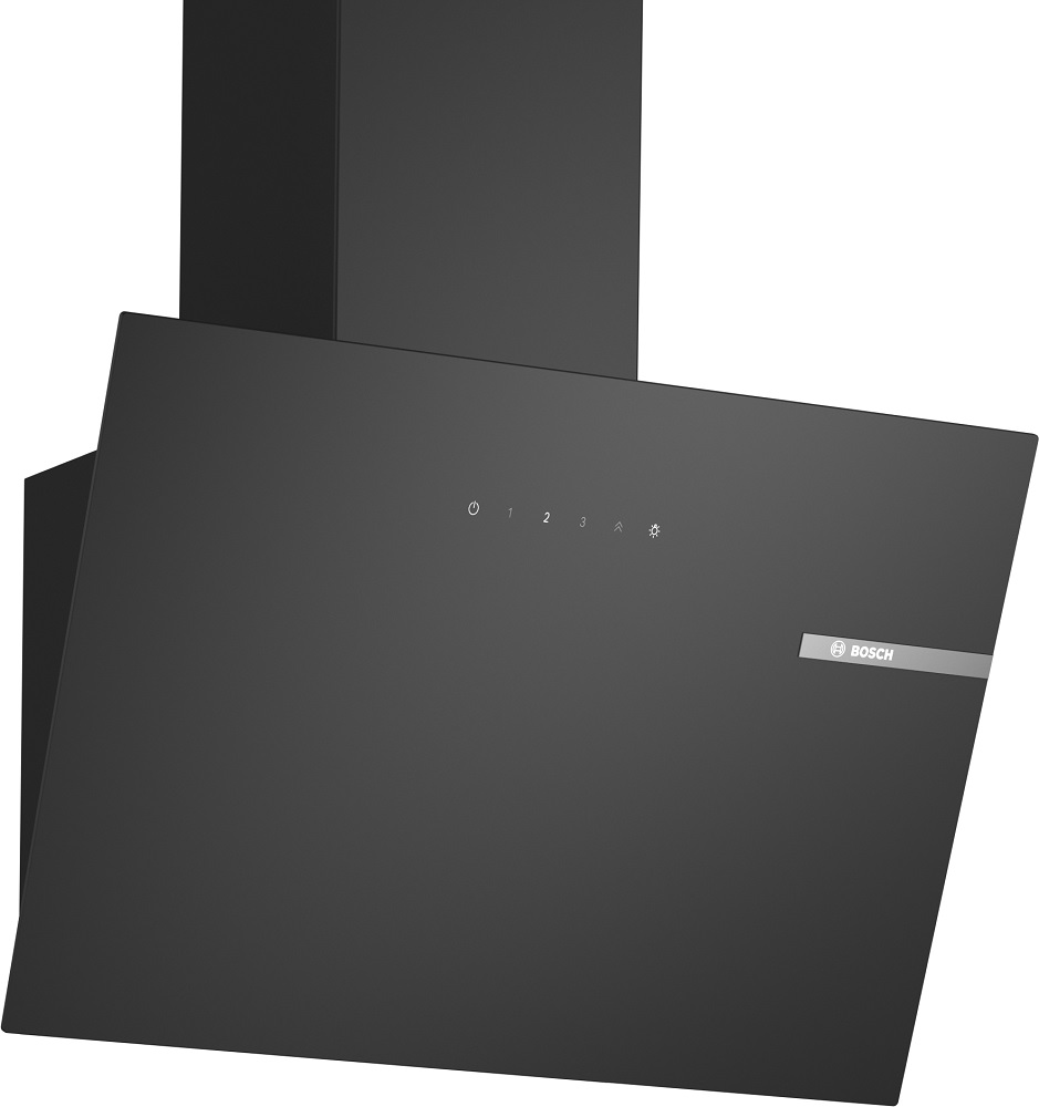 Frontansicht der schwarzen Bosch DWK65DK60 Wandesse im Schräg-Essen-Design mit TouchSelect-Bedienung.