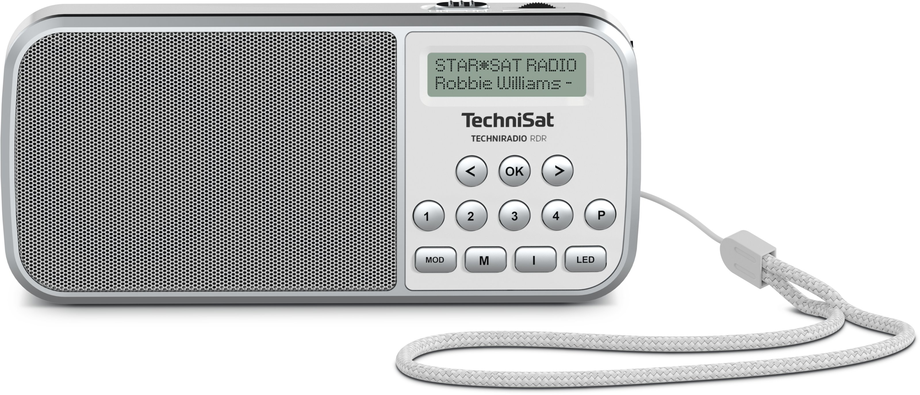Vorderansicht – TechniRadio RDR Weiß. TechniRadio RDR in Weiß – Vorderansicht mit Display und Bedienelementen.