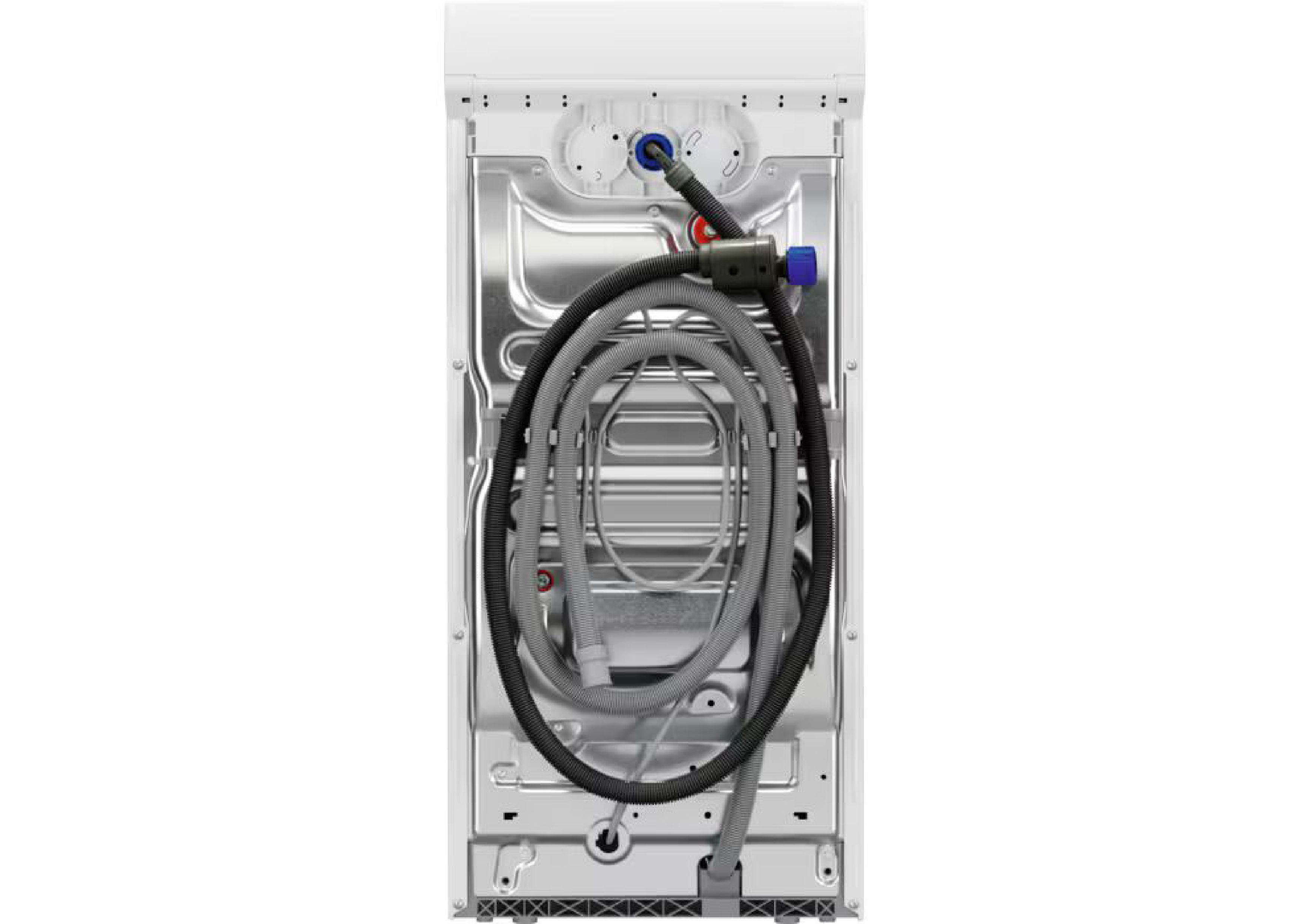 Rear view of the AEG washing machine with installed water inlet and outlet hoses.