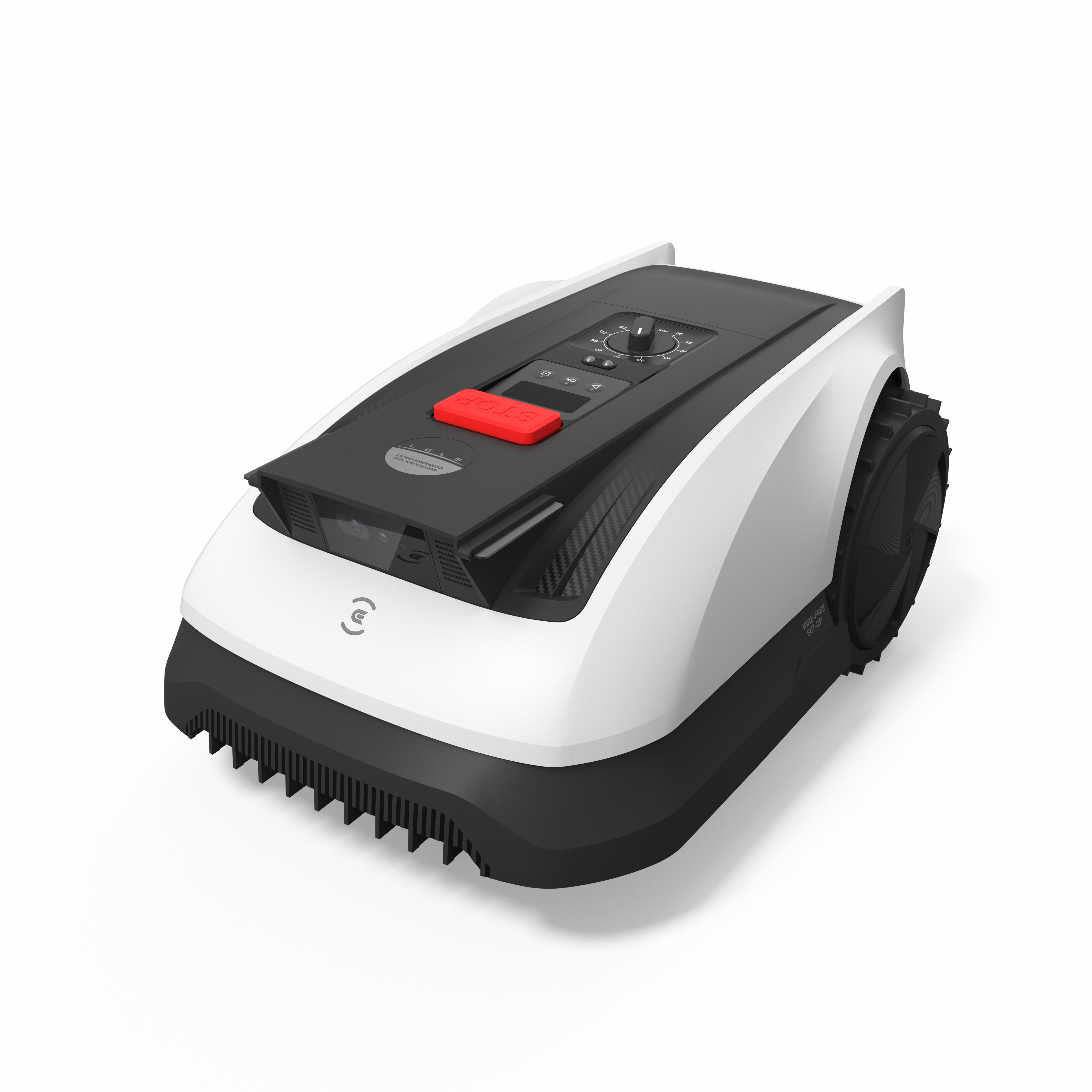 Ecovacs GOAT O800 RTK Rasenmähroboter in Schwarz-Weiß, Frontansicht – kabelloser Mähroboter mit AIVI 3D Navigation und RTK für Flächen bis 800 m²