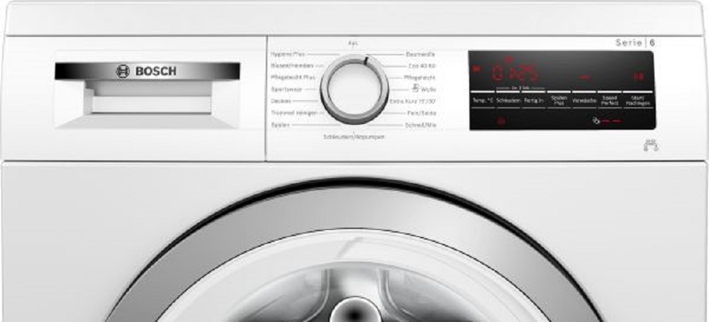 Detailansicht des Bedienfelds der Bosch WUU28T49 mit LED-Anzeige und Drehwähler