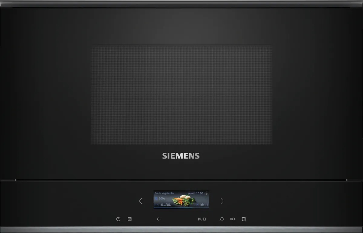 Siemens BE732L1B1 iQ700 Einbau-Mikrowelle mit Grill, Schwarz/Edelstahl Frontansicht.