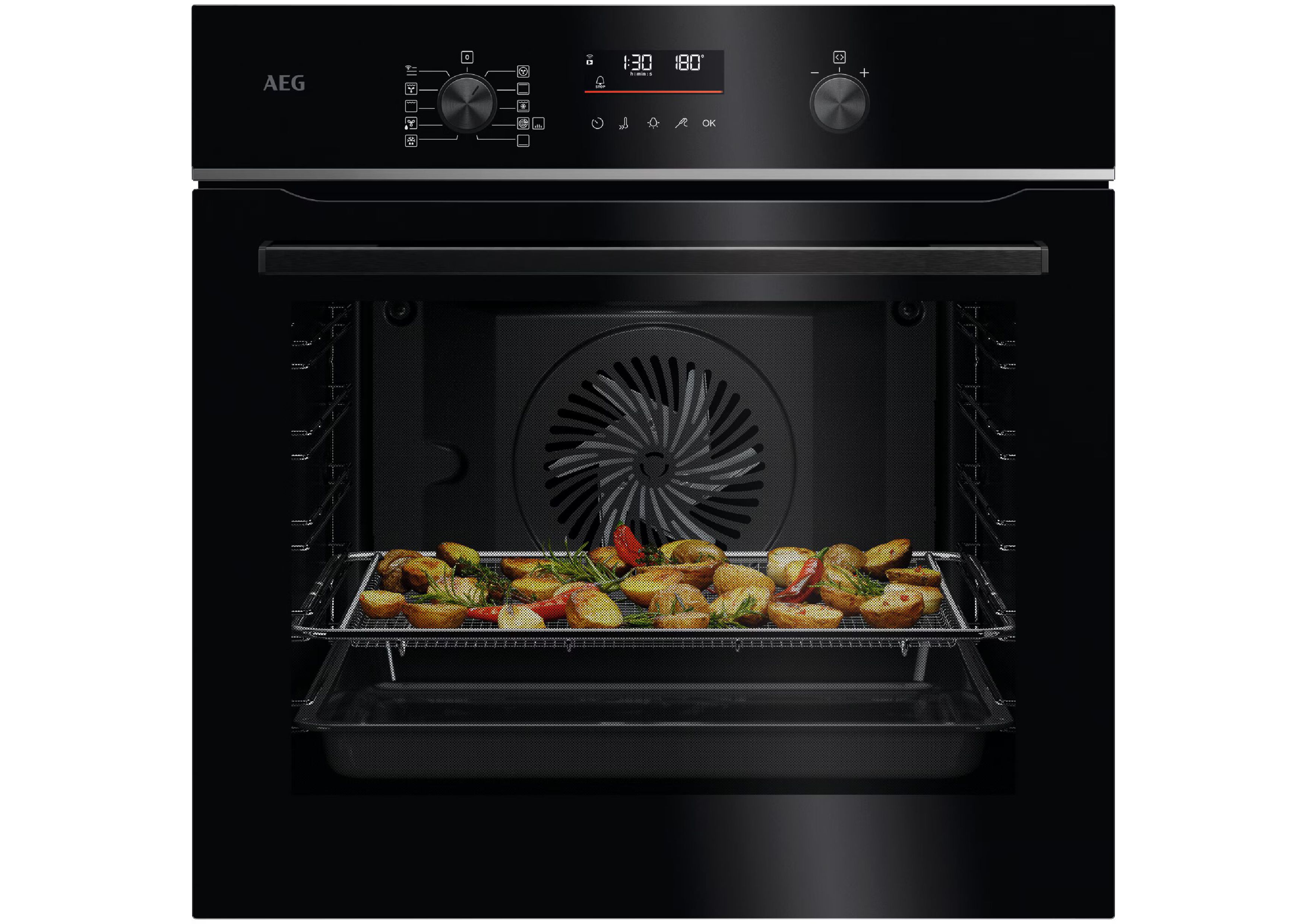 Black AEG built-in oven with baked potatoes on the rack