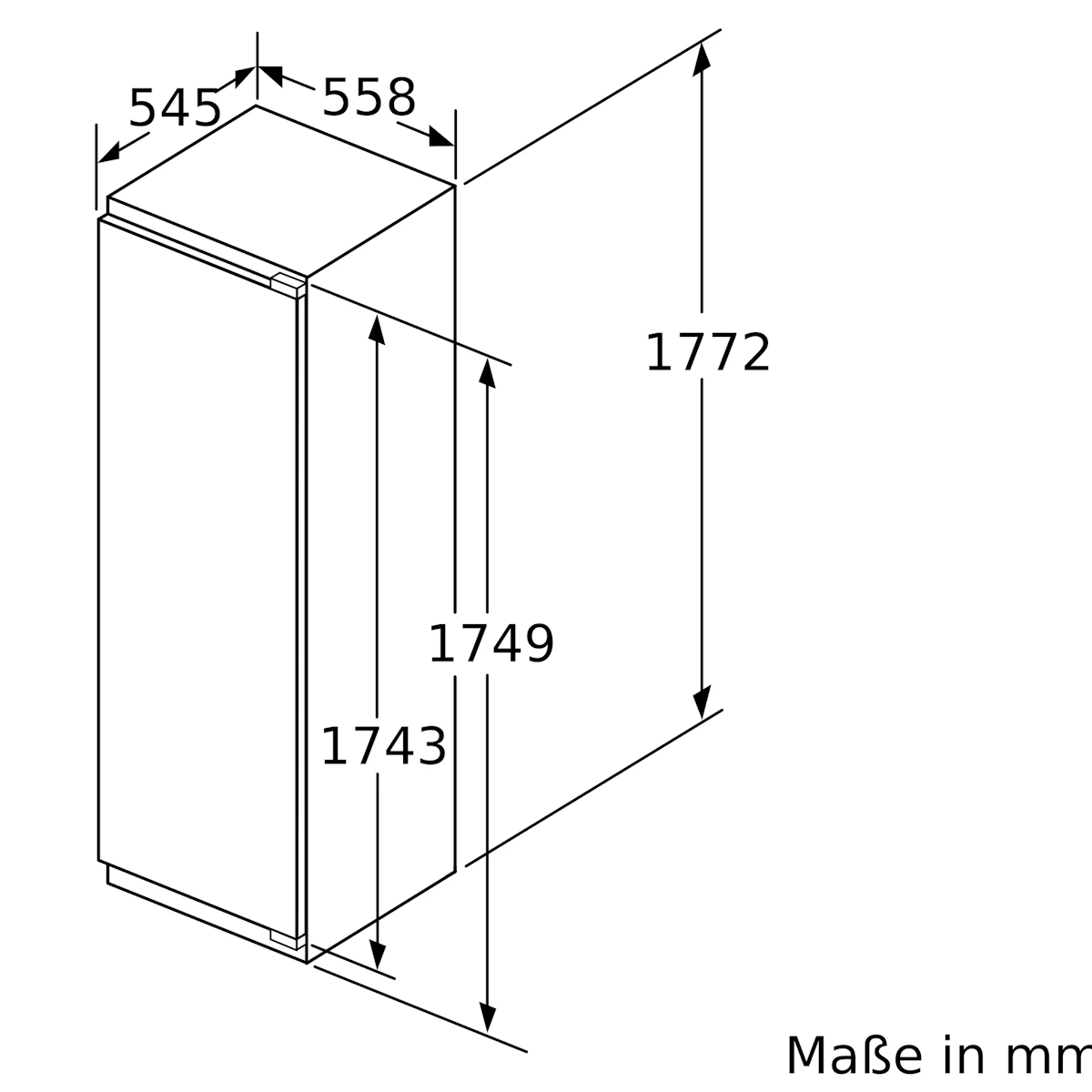 Maßzeichnung Bosch GIN81ACE0: Gerätemaße 177,2 x 55,8 x 54,5 cm (H x B x T), Nischenmaße 177,5 x 56,0 x 55,0 cm, Anschlusskabel 230 cm, Anschlusswert 120 W