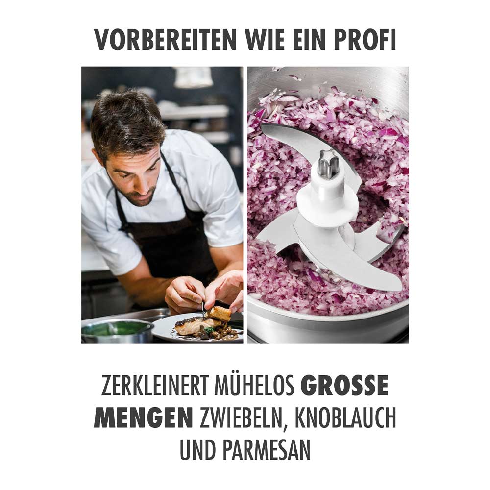 Multizerkleinerer im Küchen-Setup Gastroback 40966 Multizerkleinerer Professional im Einsatz auf einer Küchenarbeitsplatte