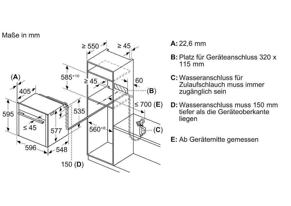 Technische Maßzeichnung für den Einbau eines NEFF Backofens in einen Hochschrank mit Wasseranschlussdaten.