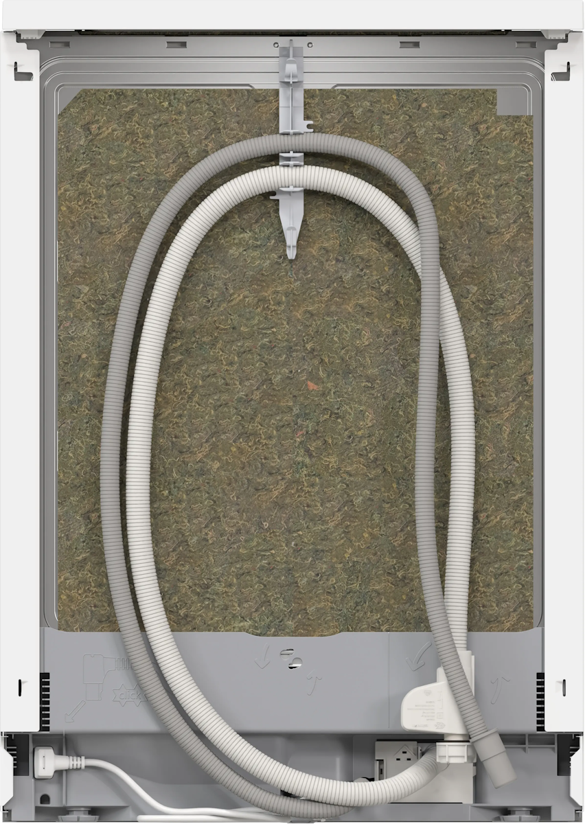 Rückseite des Geräts mit Wasseranschluss und Ablaufschlauch.