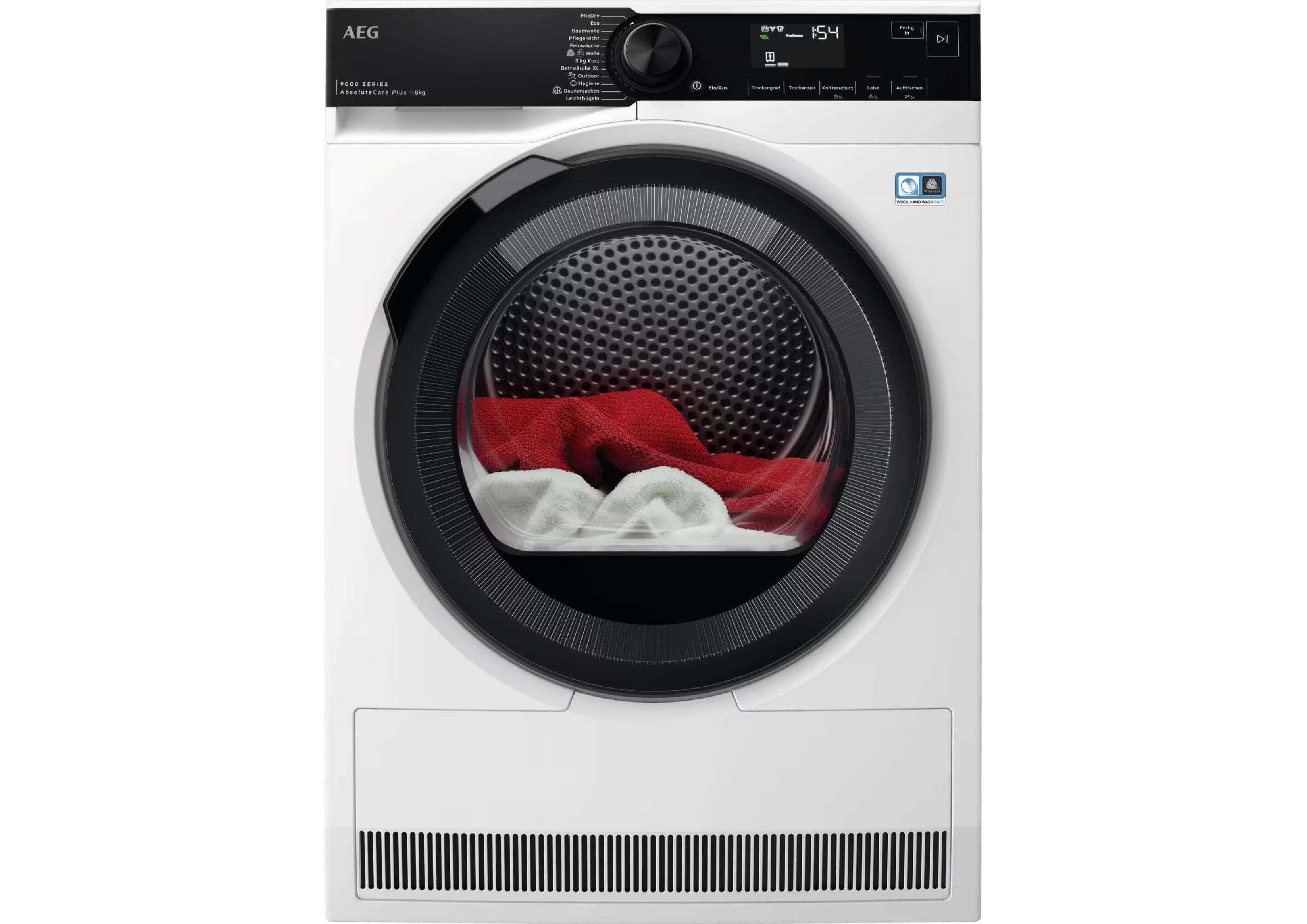 Front view of a white AEG AbsoluteCare Plus dryer with dark glass door and colorful laundry inside the drum