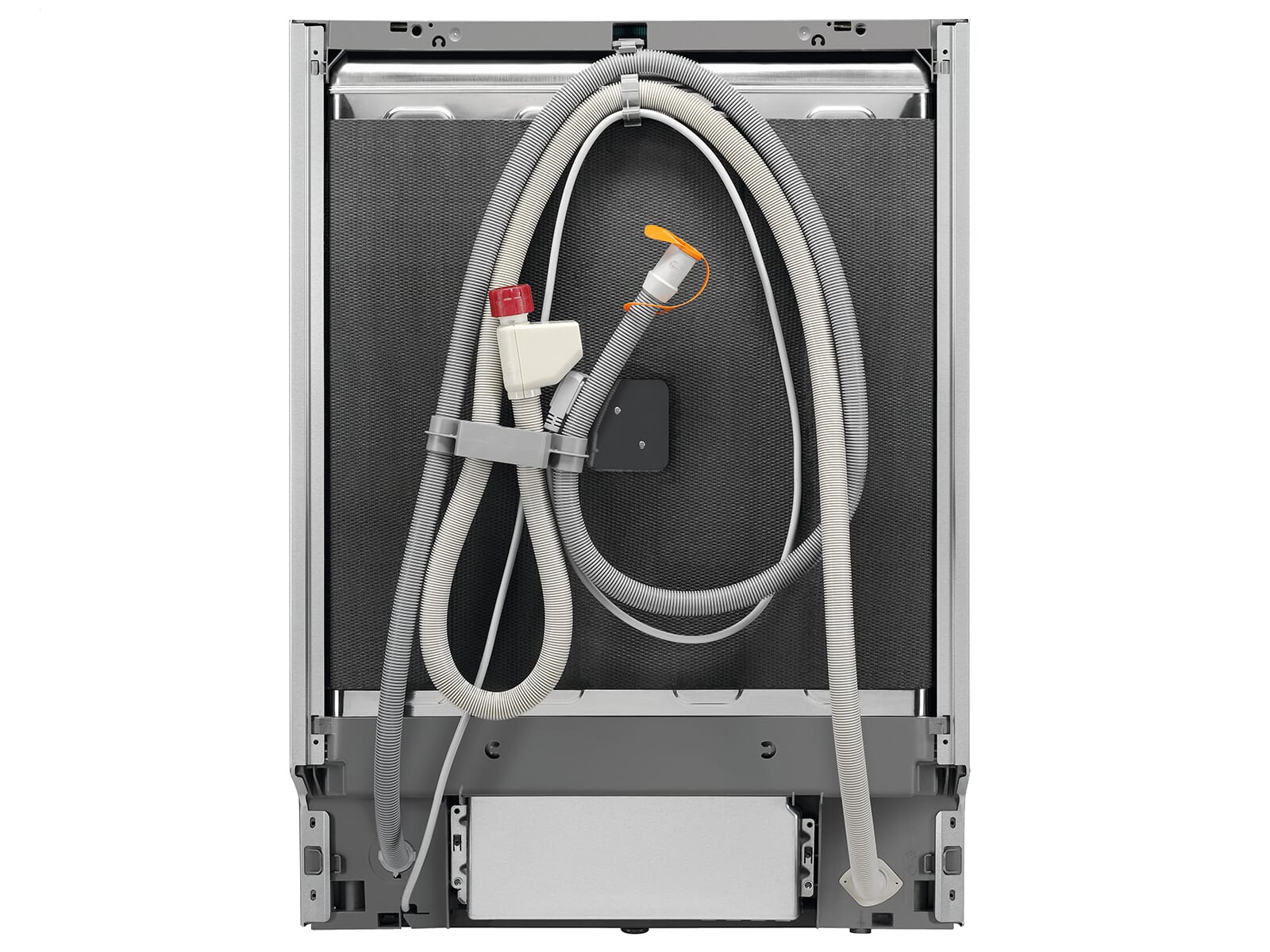 Rückseite des AEG Geschirrspülers mit Wasseranschlüssen und Ablaufschlauch