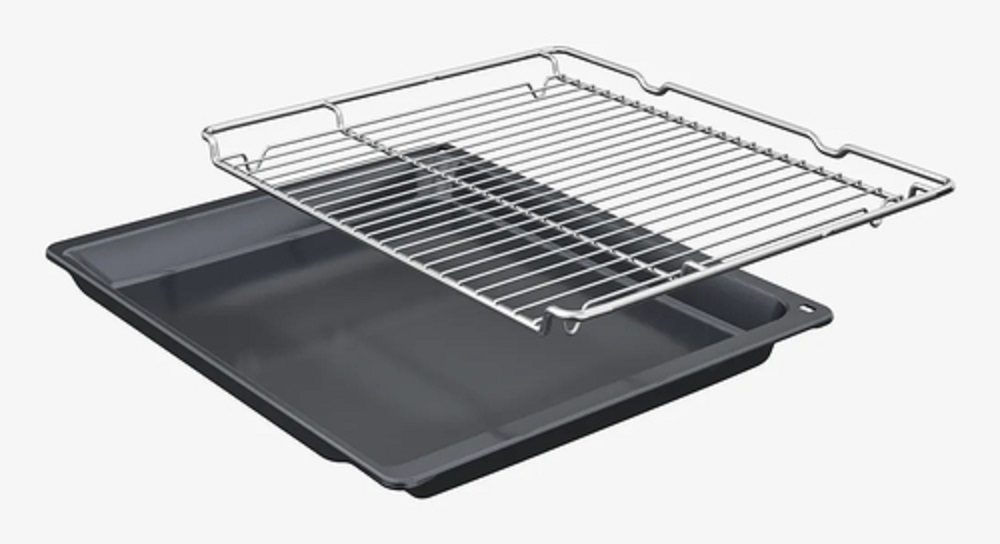 An enameled black baking tray and a chrome-plated grill rack as accessories for the Bosch oven on a white background.