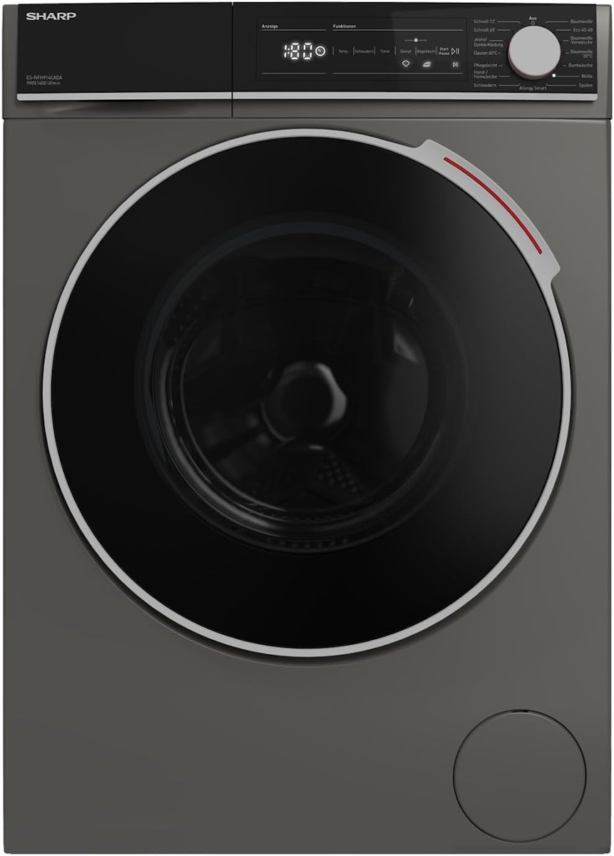 Sharp ES-NFH914CADA-DE washing machine in Espresso Gray, 9kg front view.