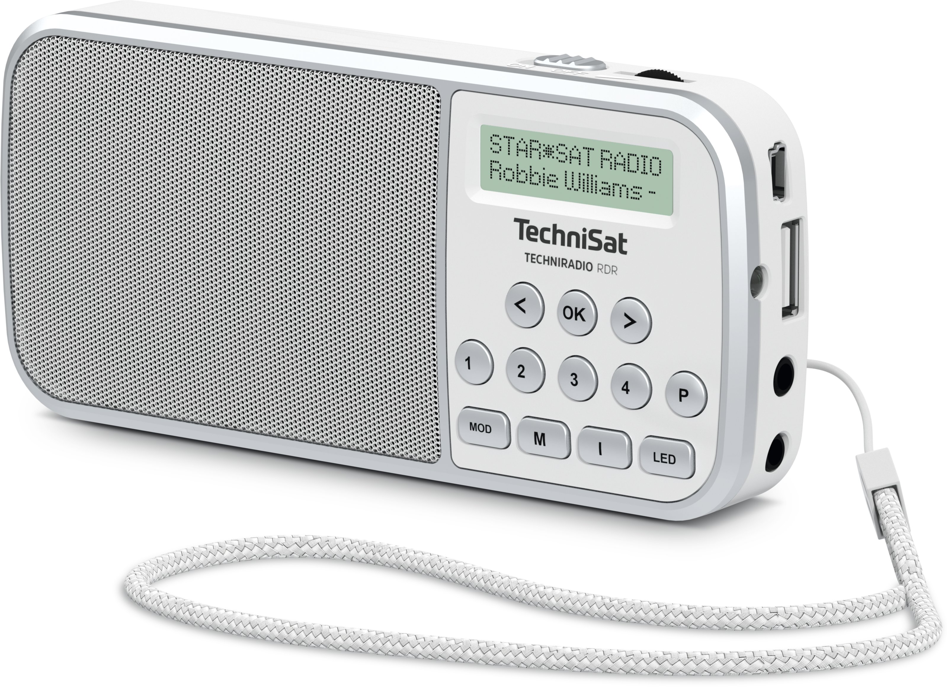 TechniRadio RDR in Weiß – rechte Seitenansicht mit sichtbaren Anschlüssen.