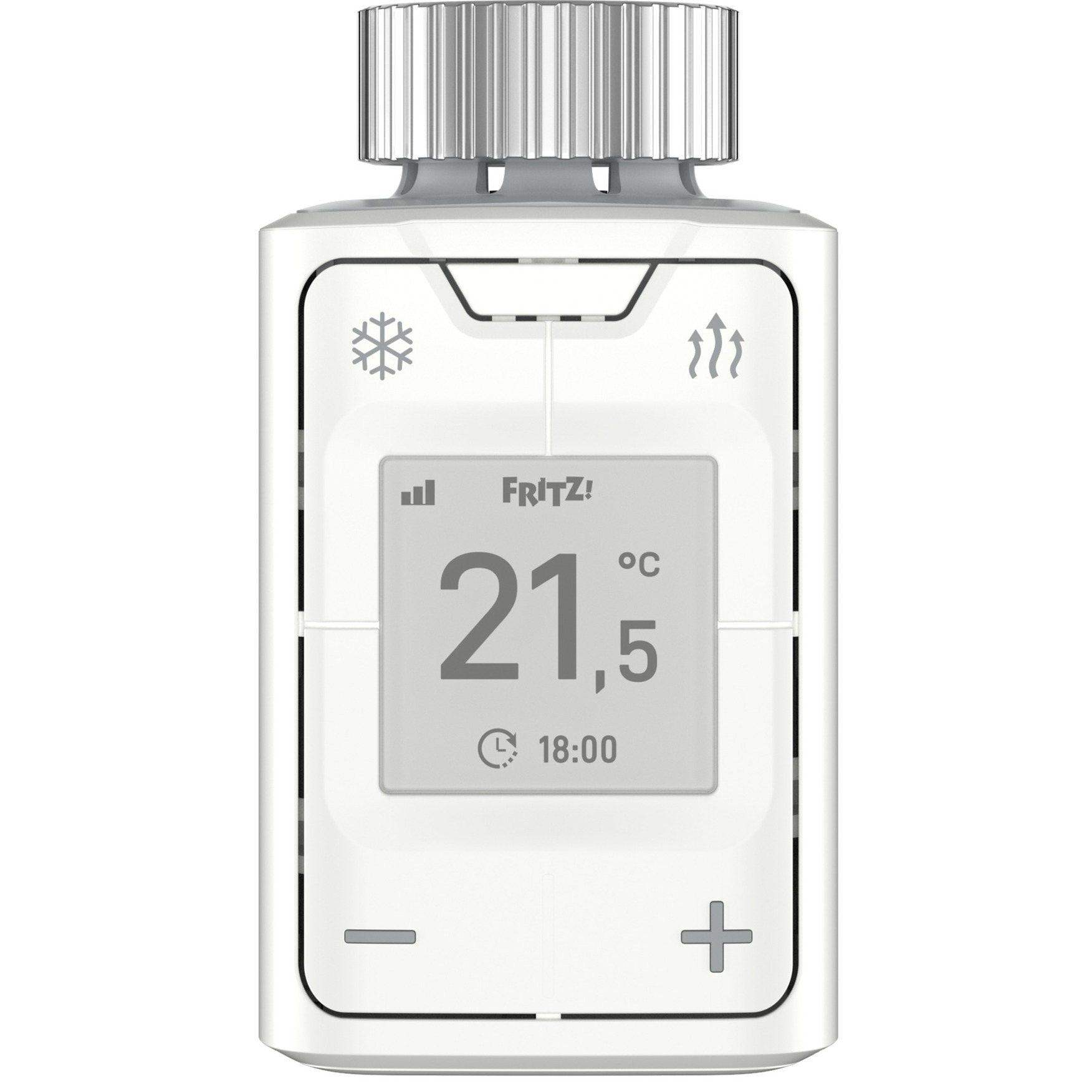 Draufsicht auf das AVM FRITZ! DECT 302 Heizungsthermostat in Weiß, Bedienelemente sichtbar.