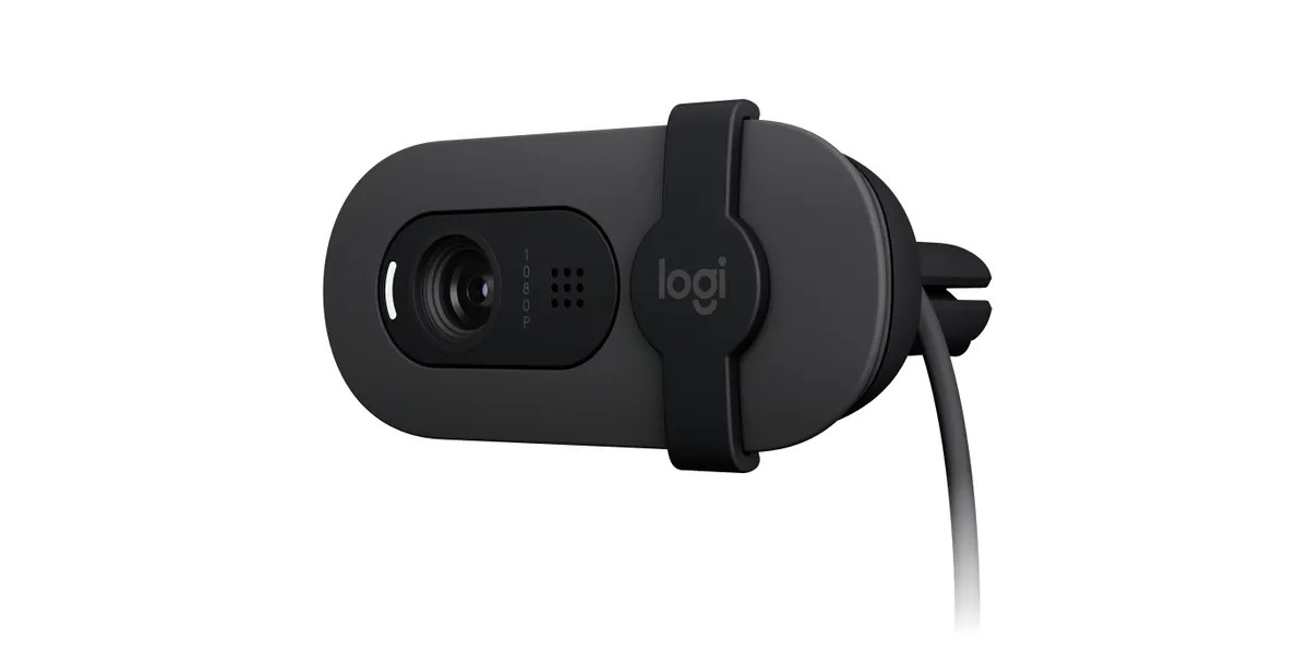 Detail shot of the microphone opening on the Logitech BRIO 100.