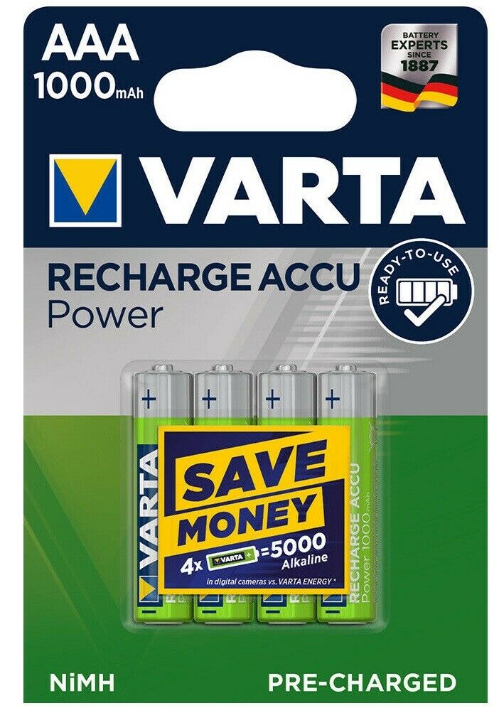 Verpackung mit vier Varta AAA Recharge Accu 1000 Batterien, in blauer und silberner Hülle, stehend