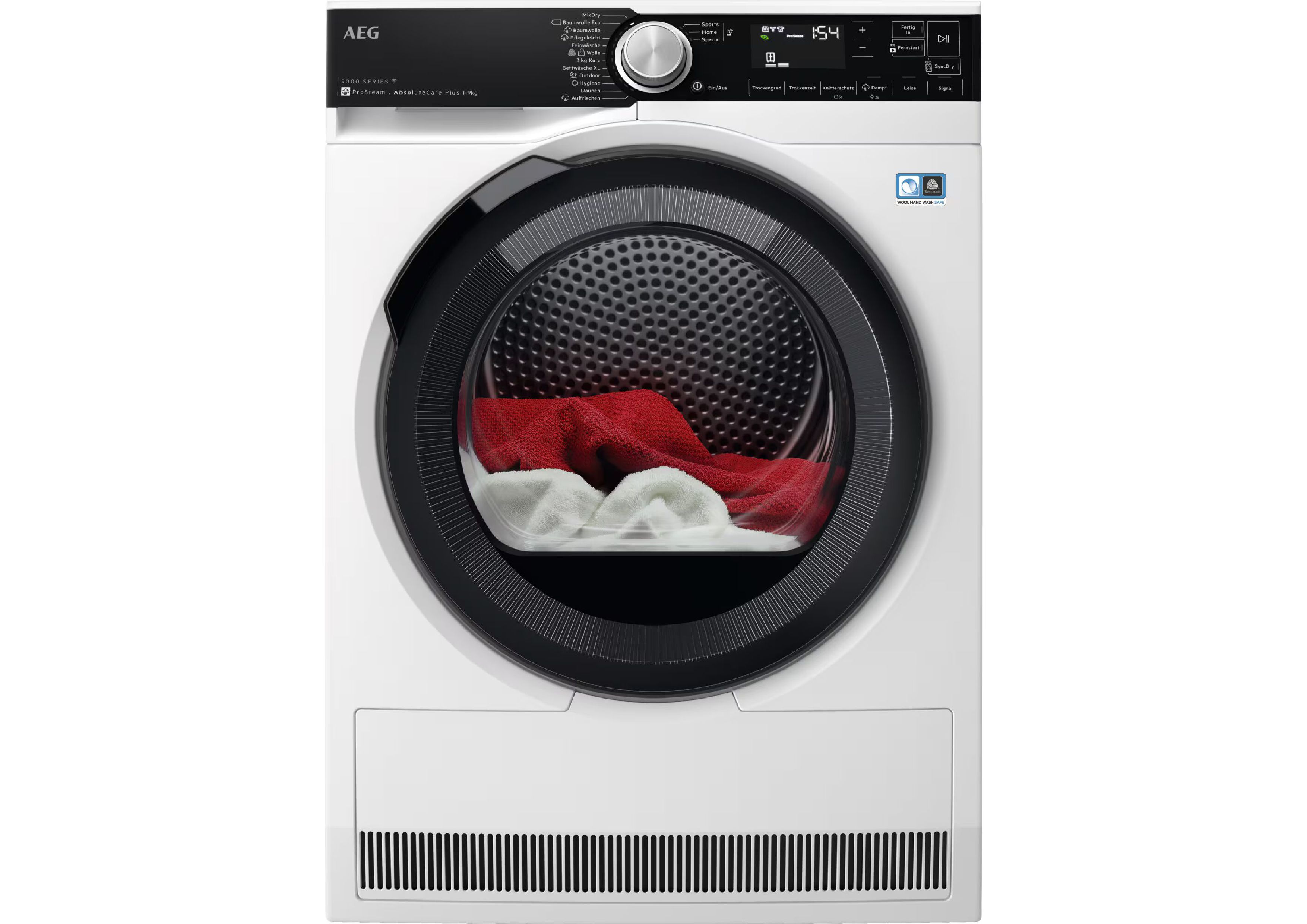 Front view of a white AEG 9000 series tumble dryer with red and white laundry inside the drum.