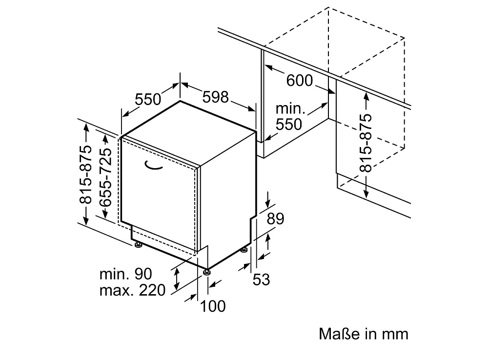 Technical dimension drawing of the Bosch dishwasher showing precise installation measurements in millimeters for the niche height (815–875 mm), width (600 mm), depth (550 mm), and adjustable plinth height.