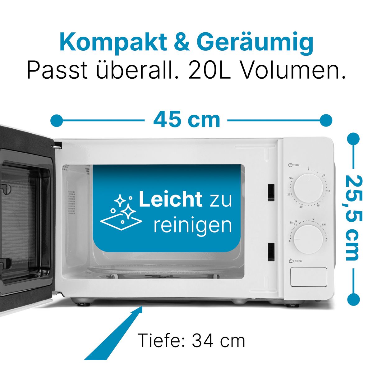 Bomann MW 6014 CB Mikrowelle 20 Liter | 700 Watt Leistung | Mit Glas-Drehteller Ø 24.5cm | 6 Leistungsstufen | Weiß & Silber