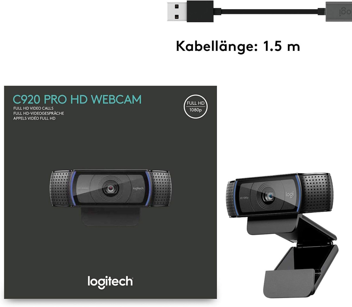 Package contents: Logitech C920 webcam and USB cable.