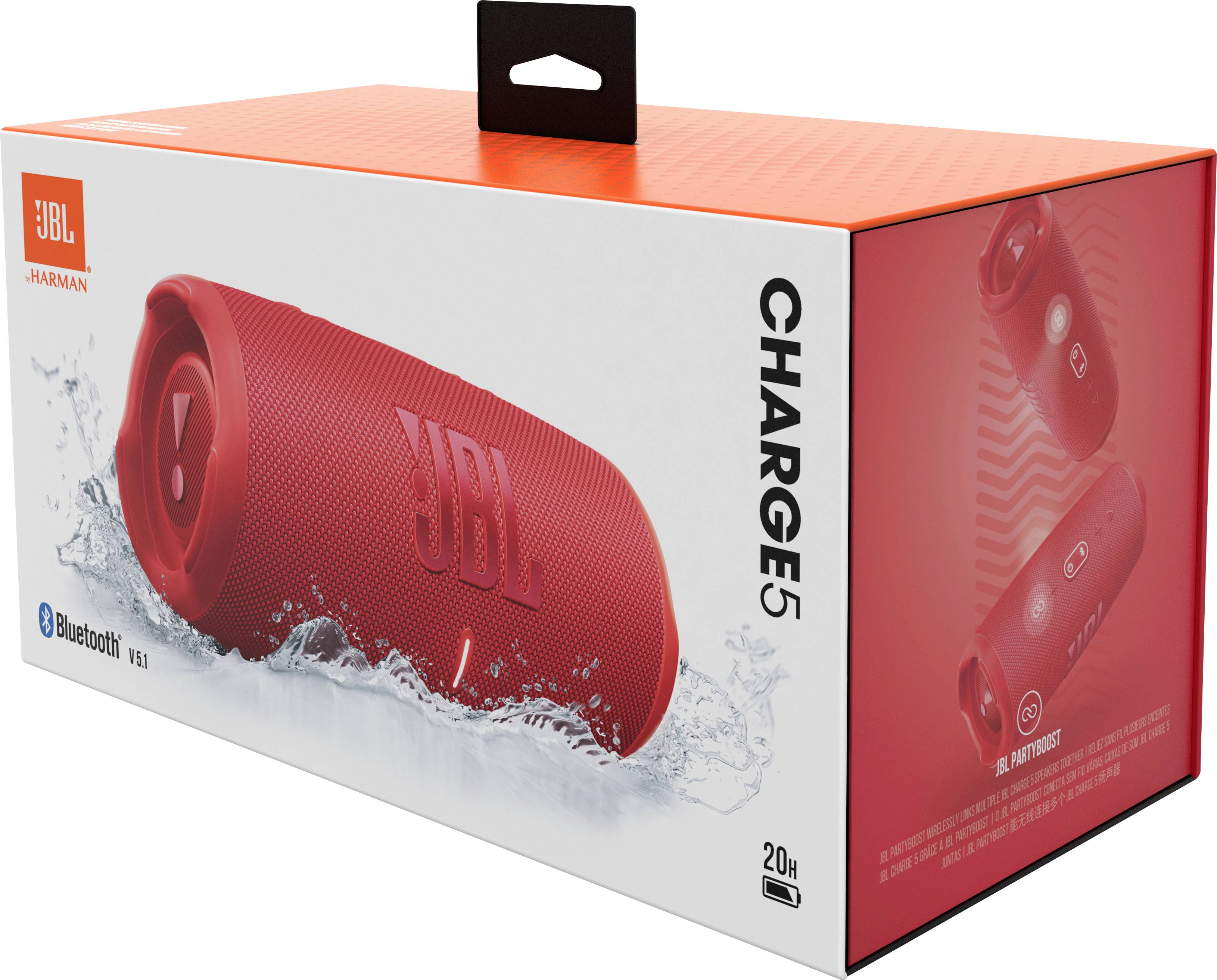 JBL Charge 5 Bluetooth Lautsprecher Wasserfest IP67 Rot Verpackung Seitlich