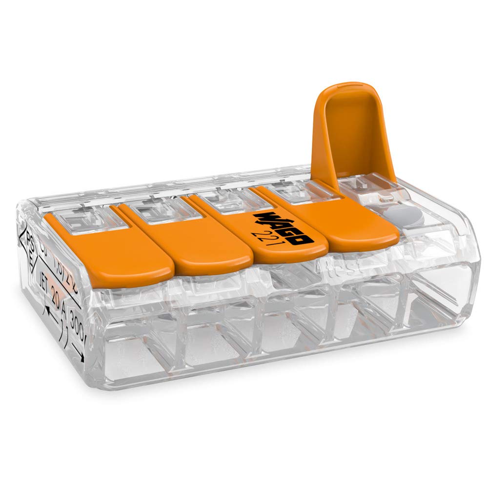 WAGO 221-415 geöffnete Hebel Nahaufnahme der geöffneten orangefarbenen Hebel der WAGO 221-415 COMPACT-Verbindungsklemme