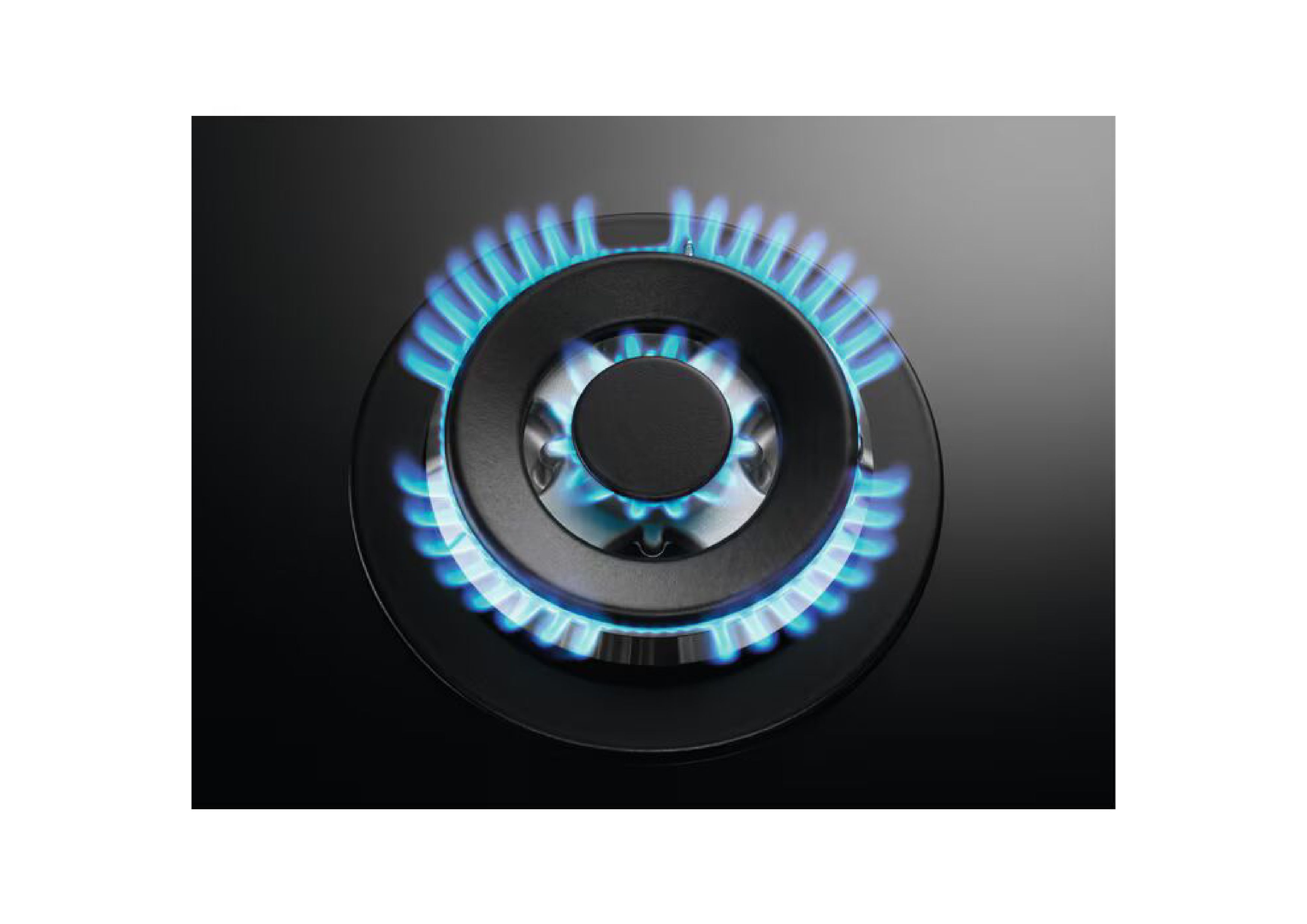 Macro top view of a lit gas burner with a circular blue flame