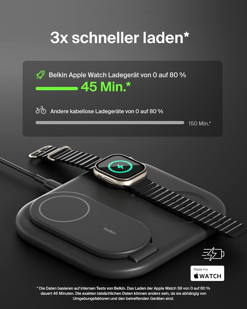 Detailaufnahme des Schnelllademoduls für die Apple Watch am Standfuß.