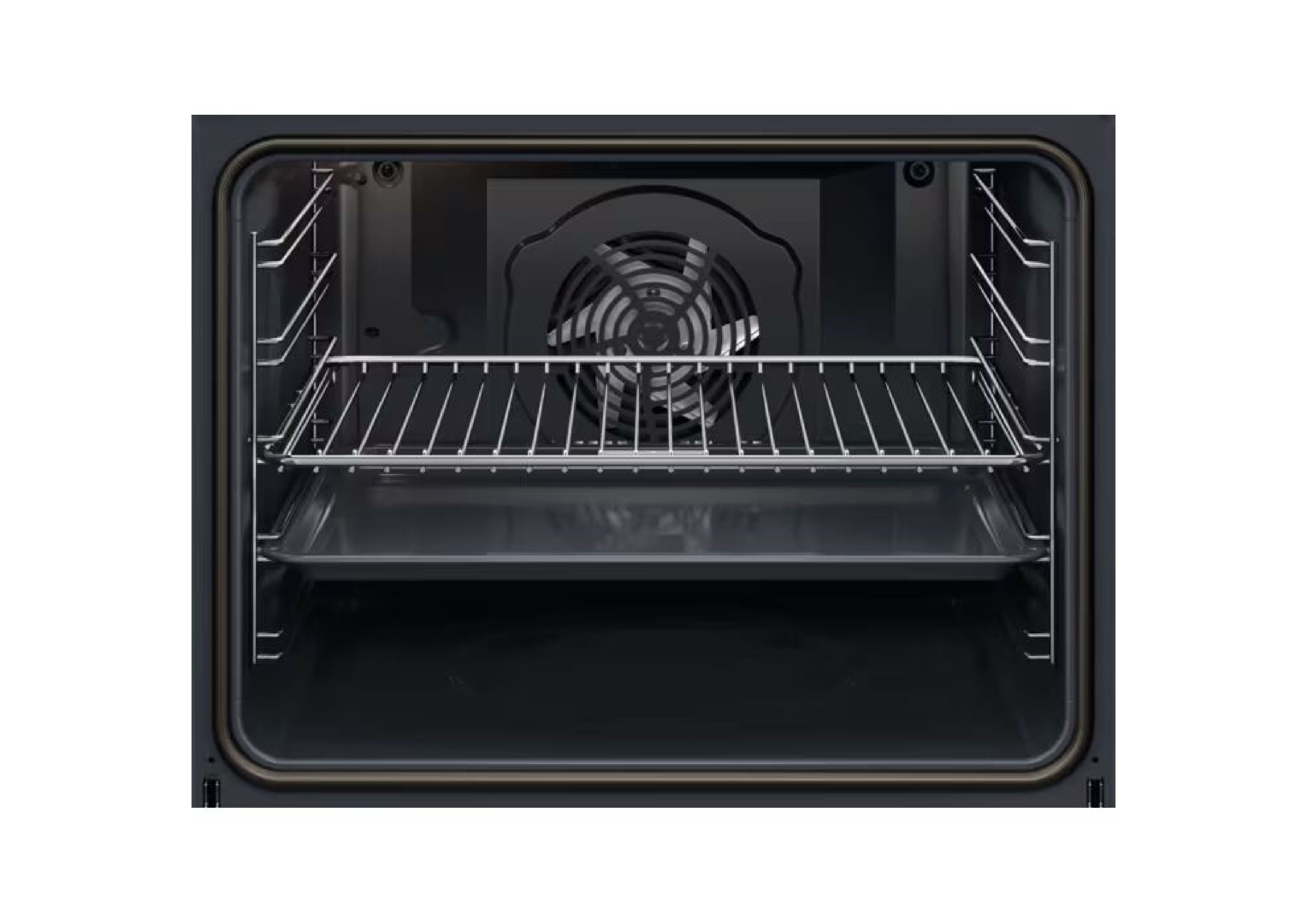 Interior view of an empty AEG oven with wire rack, baking tray, and convection fan.