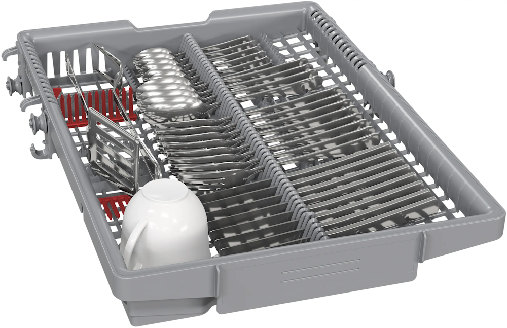 VarioSchublade des Bosch SPS4EMW02D beladen mit Besteck und Tasse