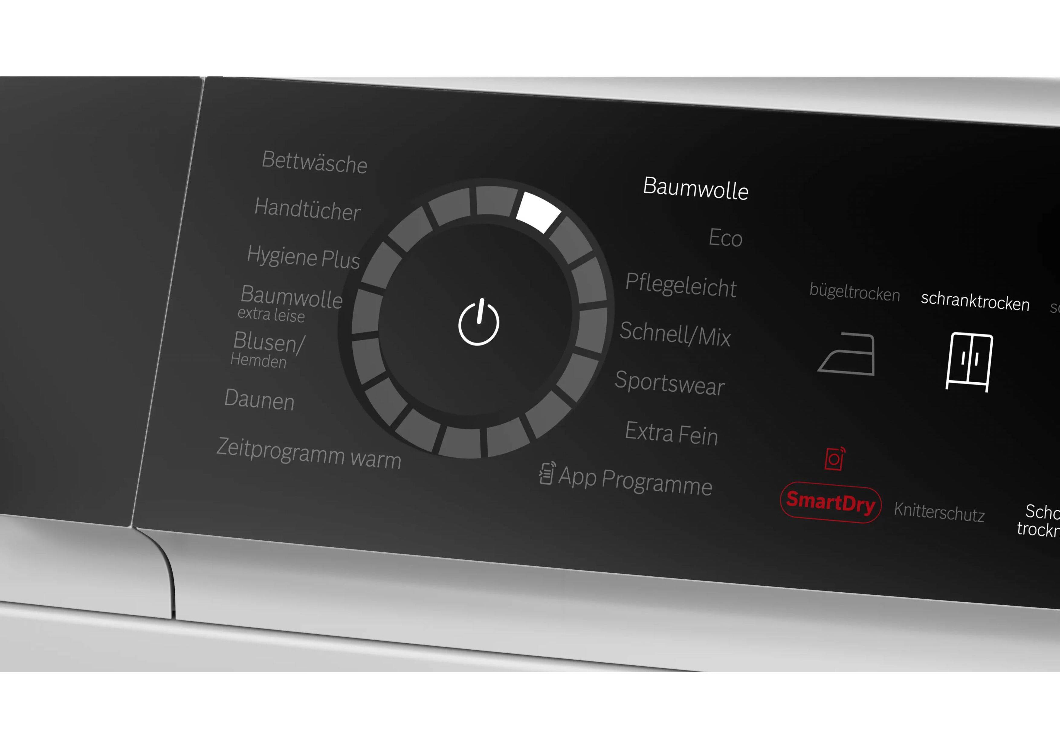 Detailansicht des beleuchteten Programmwählers mit verschiedenen Trocknungsoptionen.