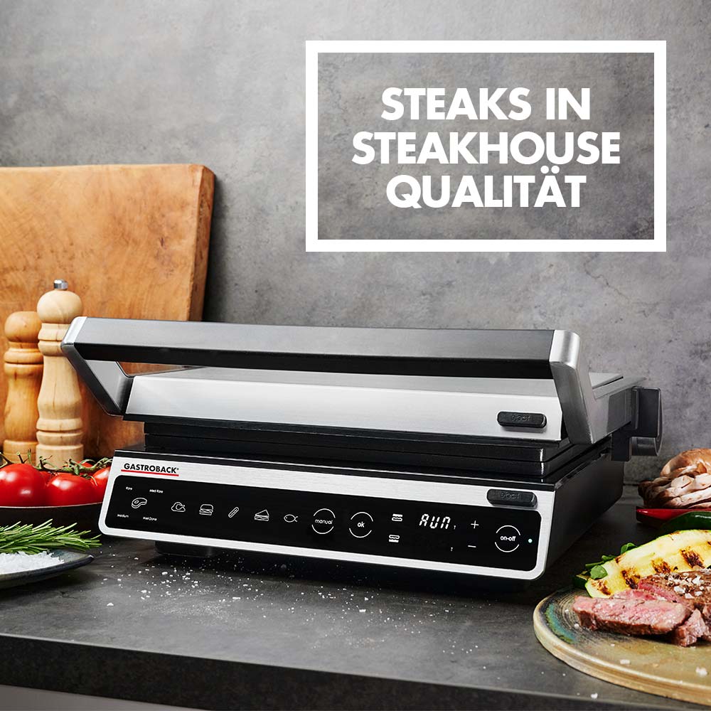 GASTROBACK Design BBQ Advanced Smart Kontaktgrill – kompakt geschlossen GASTROBACK 42542 Design BBQ Advanced Smart Kontaktgrill, geschlossen, schwarz‑silber
