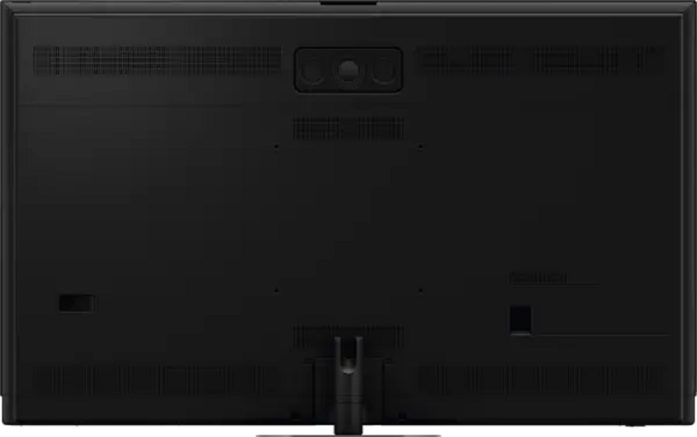 Rückansicht des Panasonic OLED TV in Schwarz, die die saubere Anordnung der Anschlüsse und Belüftungsschlitze zeigt.